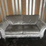 2 x Silver Crushed Velvet Sofas and Footstool. Fishpools Hollywood range.