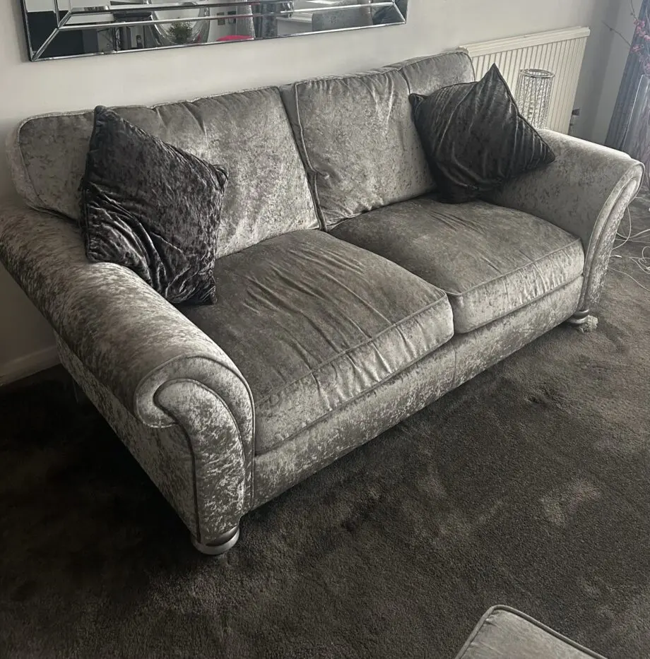 2 x Silver Crushed Velvet Sofas and Footstool. Fishpools Hollywood range.