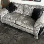 2 x Silver Crushed Velvet Sofas and Footstool. Fishpools Hollywood range.