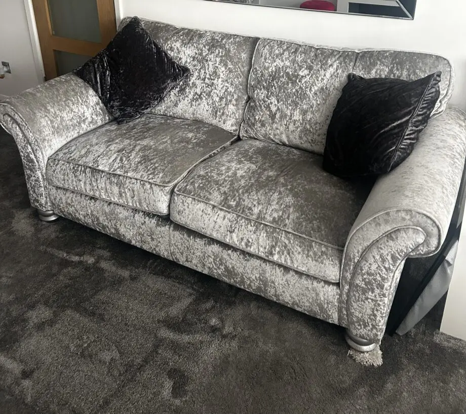 2 x Silver Crushed Velvet Sofas and Footstool. Fishpools Hollywood range.