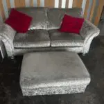 2 x Silver Crushed Velvet Sofas and Footstool. Fishpools Hollywood range.