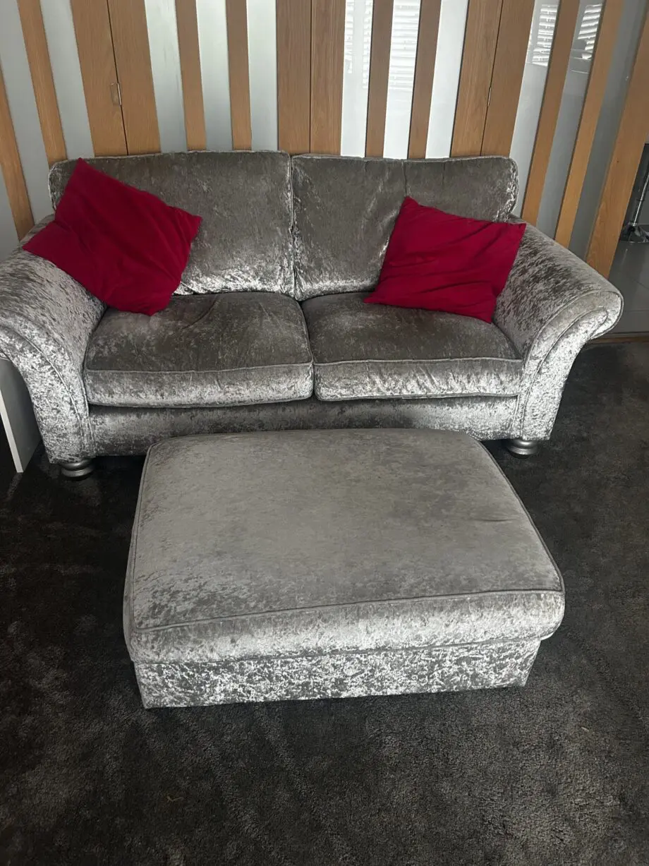 2 x Silver Crushed Velvet Sofas and Footstool. Fishpools Hollywood range.