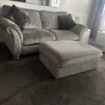 2 x Silver Crushed Velvet Sofas and Footstool. Fishpools Hollywood range.