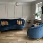 Sofology Perle sofa and armchair in Teal with gold feet