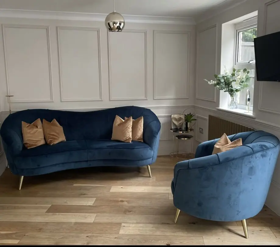 Sofology Perle sofa and armchair in Teal with gold feet