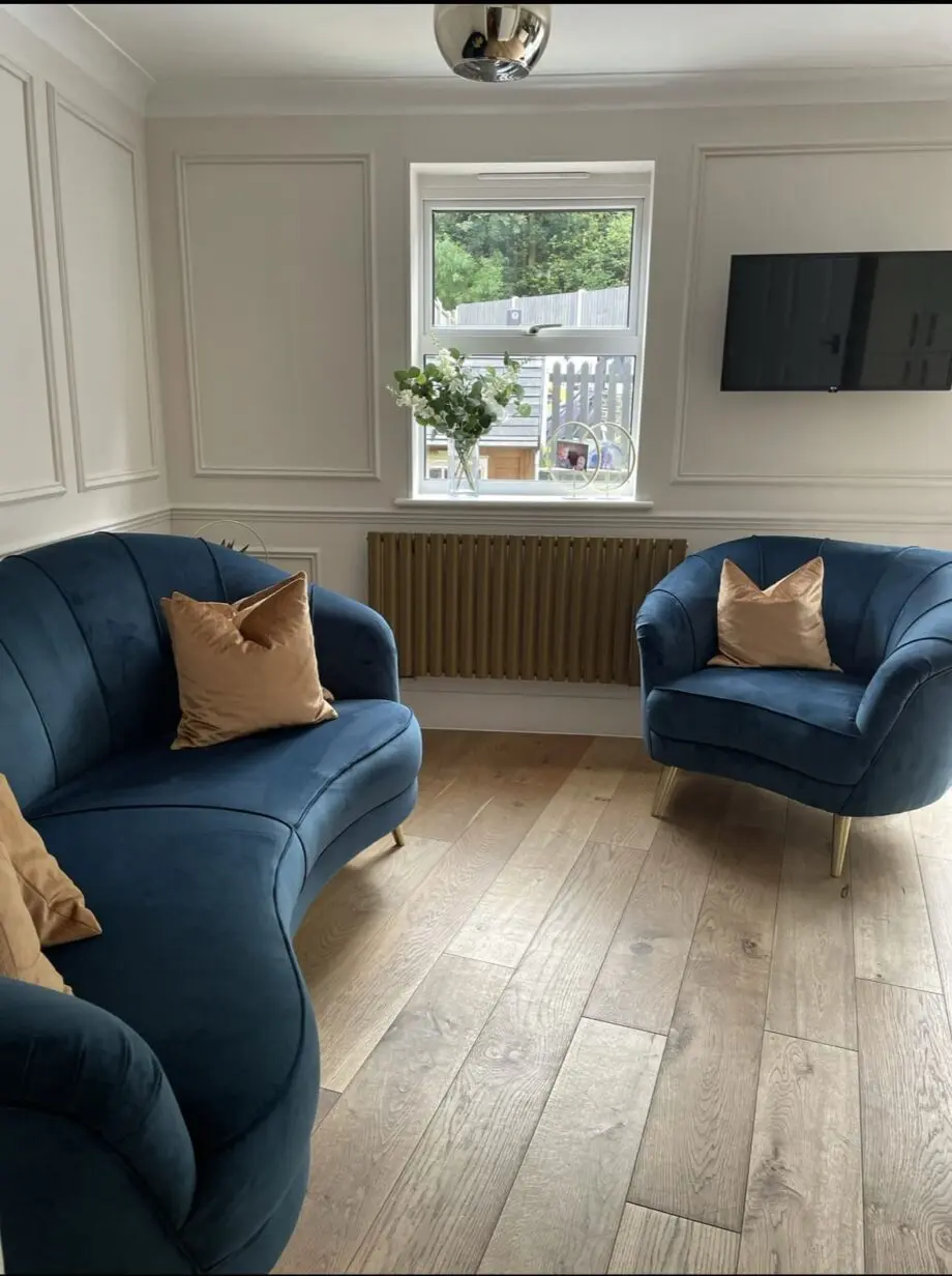 Sofology Perle sofa and armchair in Teal with gold feet
