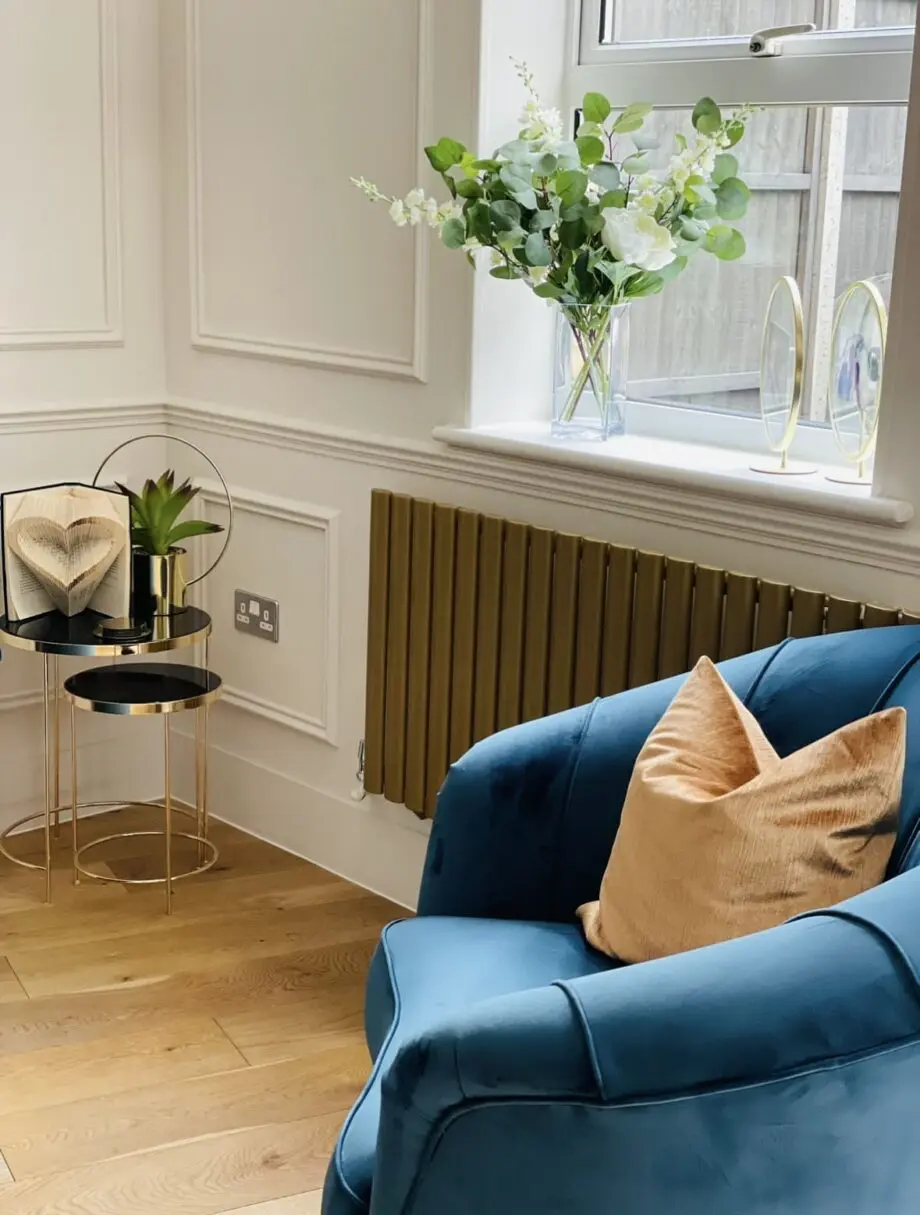 Sofology Perle sofa and armchair in Teal with gold feet