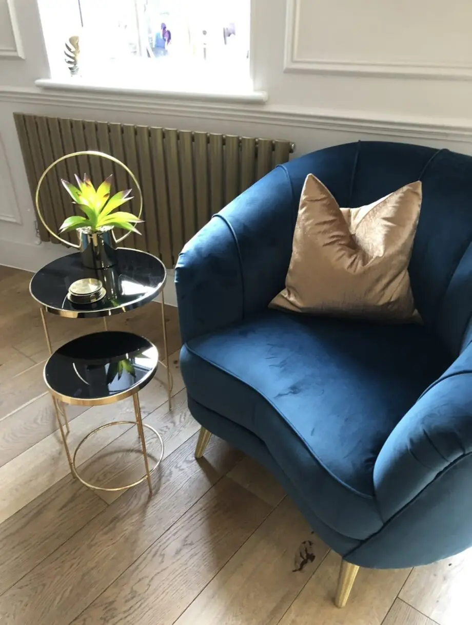Sofology Perle sofa and armchair in Teal with gold feet