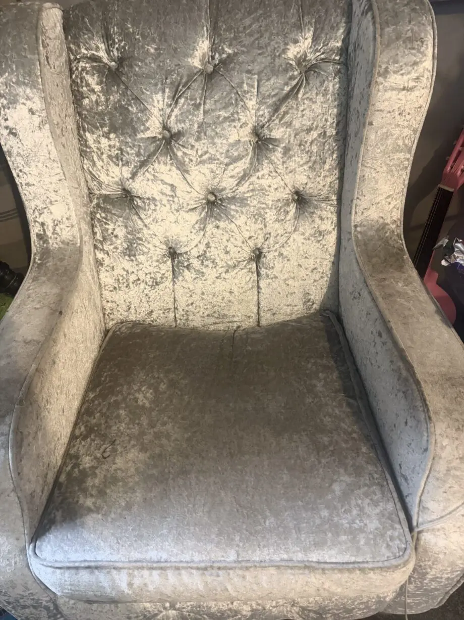 Silver crushed velvet sofa and chair