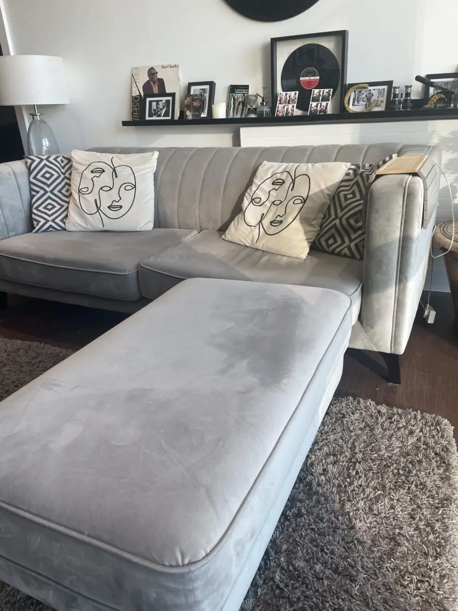 Sofology grey fluted 3 person sofa and chez footstool