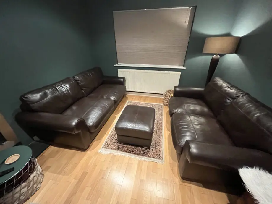 John Lewis brown leather sofa sets: 3 seater, 2 seater and footstool