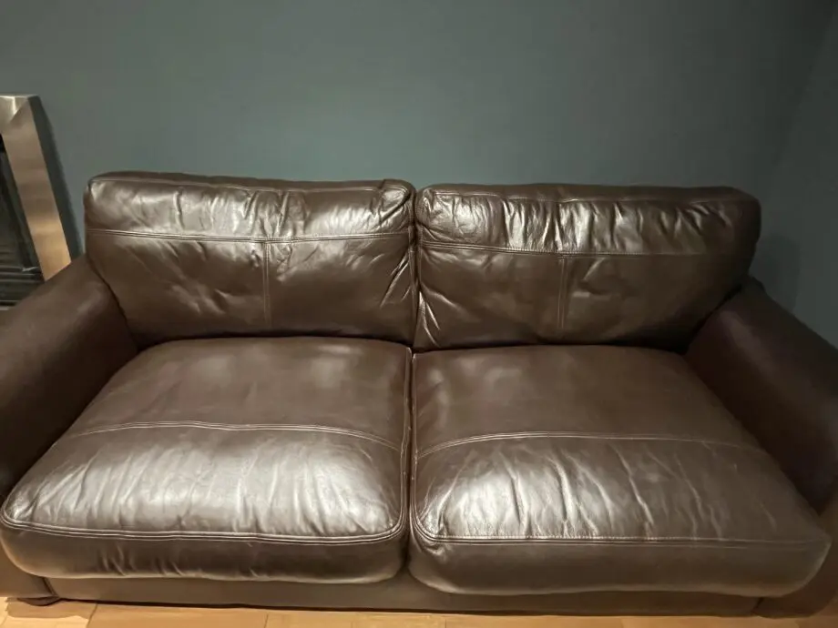 John Lewis brown leather sofa sets: 3 seater, 2 seater and footstool