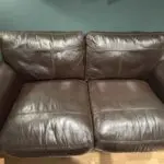 John Lewis brown leather sofa sets: 3 seater, 2 seater and footstool