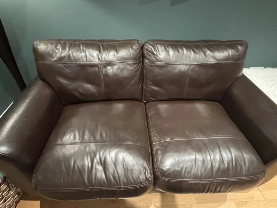 John Lewis brown leather sofa sets: 3 seater, 2 seater and footstool