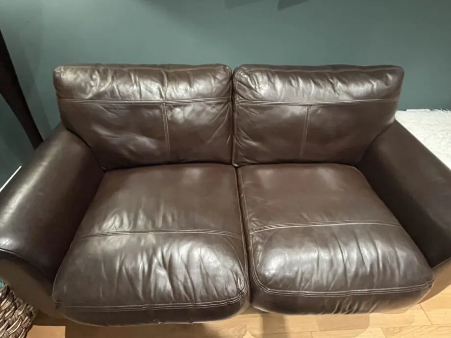 John Lewis brown leather sofa sets: 3 seater, 2 seater and footstool