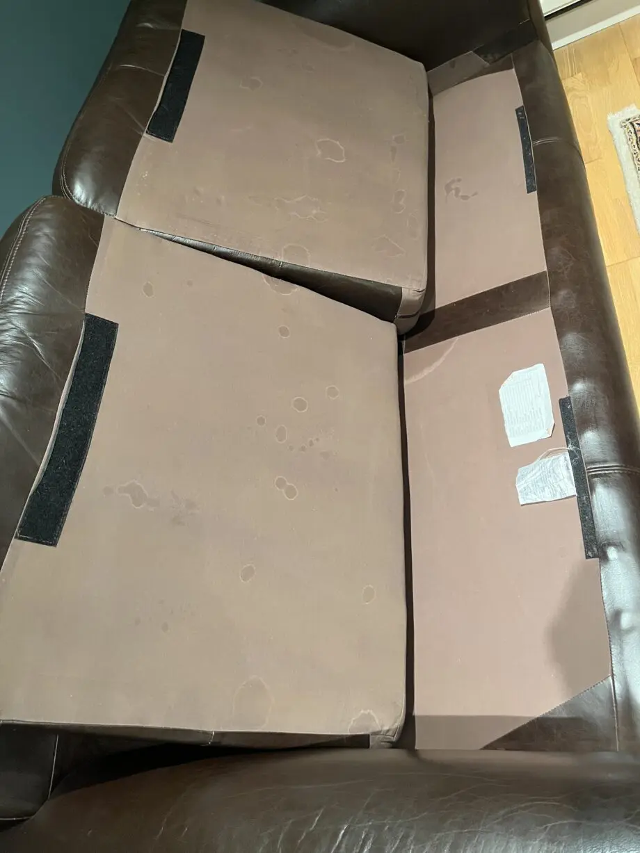 John Lewis brown leather sofa sets: 3 seater, 2 seater and footstool