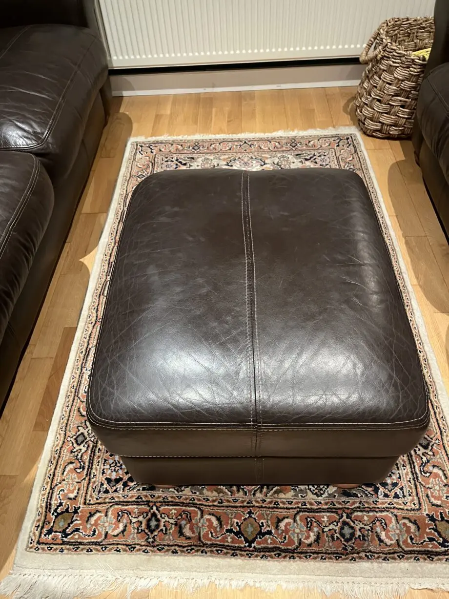 John Lewis brown leather sofa sets: 3 seater, 2 seater and footstool
