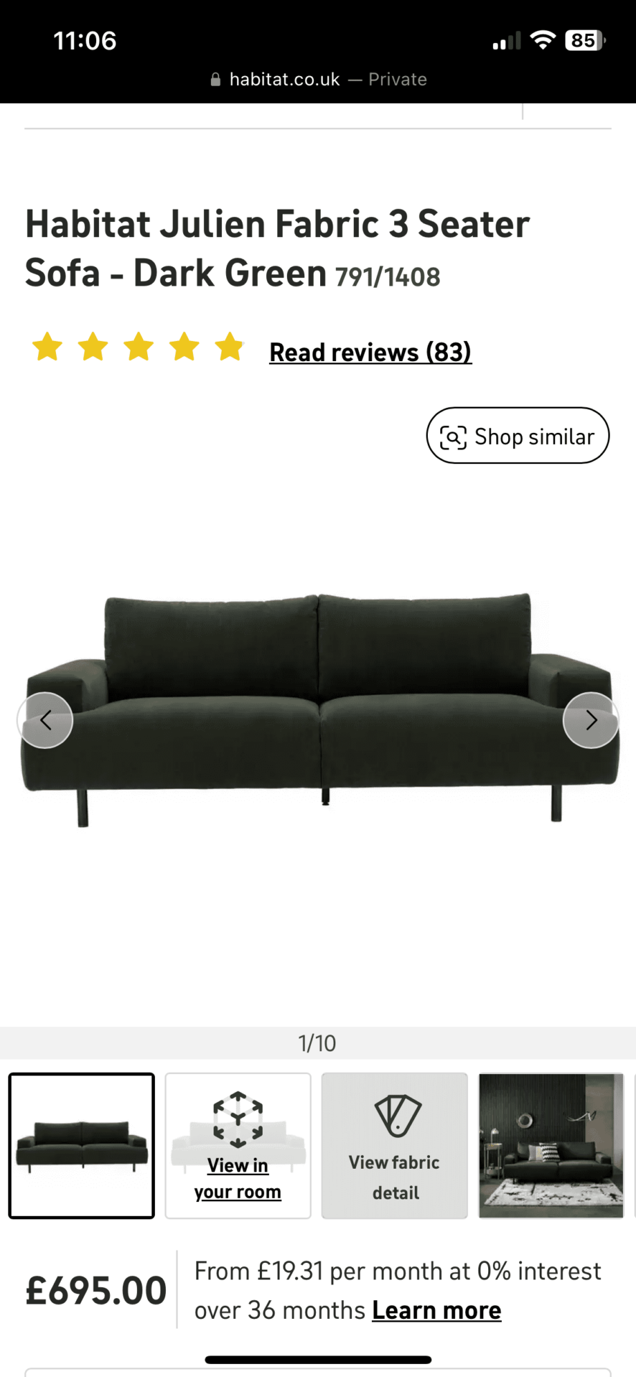 Habitat Julien Fabric 3 Seater Sofa - Dark Green