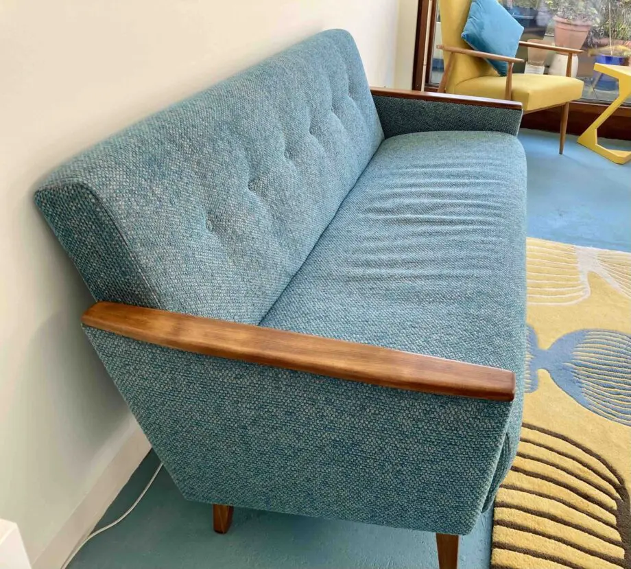 New And Unused, Mid Century Reproduction 3 Seater Lounge Sofa (Ocean Blue Multi Weave Fabric)