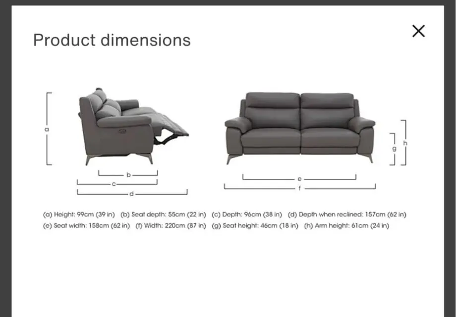 Furniture Village Missouri 3 Seater Leather power recliner Sofa Charcoal Grey