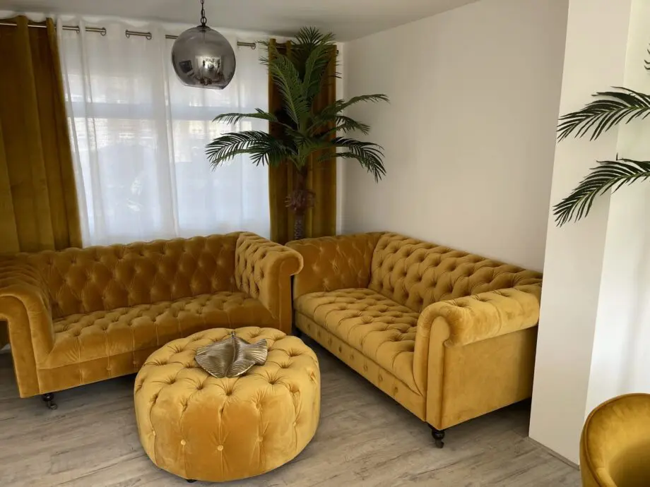 Elegant Chesterfield Sofas Set with Ottoman – Mustard Velvet Finish