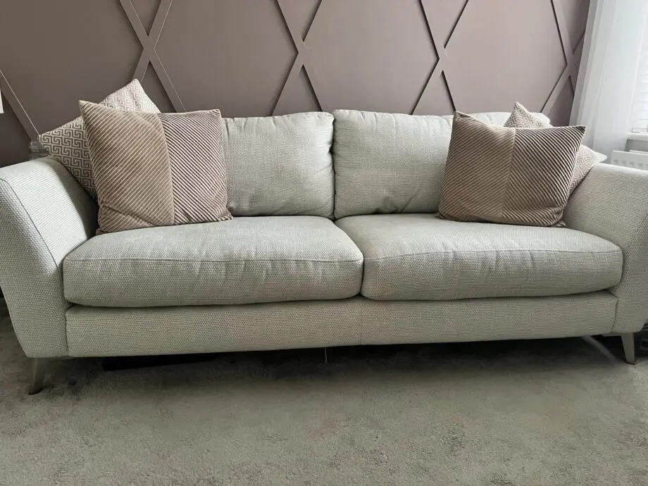 3 seater sofa and cuddle chair, from DFS and brand is house beautiful, name-Libby and colour is Silver combination