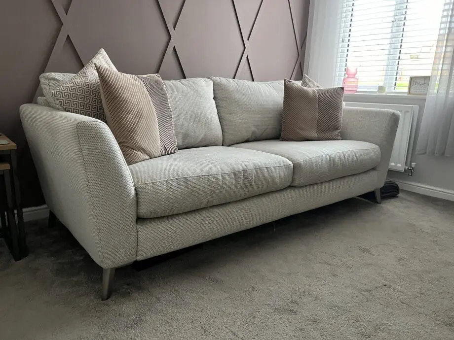 3 seater sofa and cuddle chair, from DFS and brand is house beautiful, name-Libby and colour is Silver combination