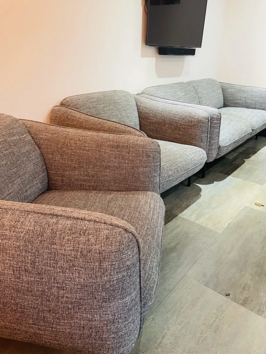Dwell Light Grey Fabric 2-seater sofa and 2 armchairs