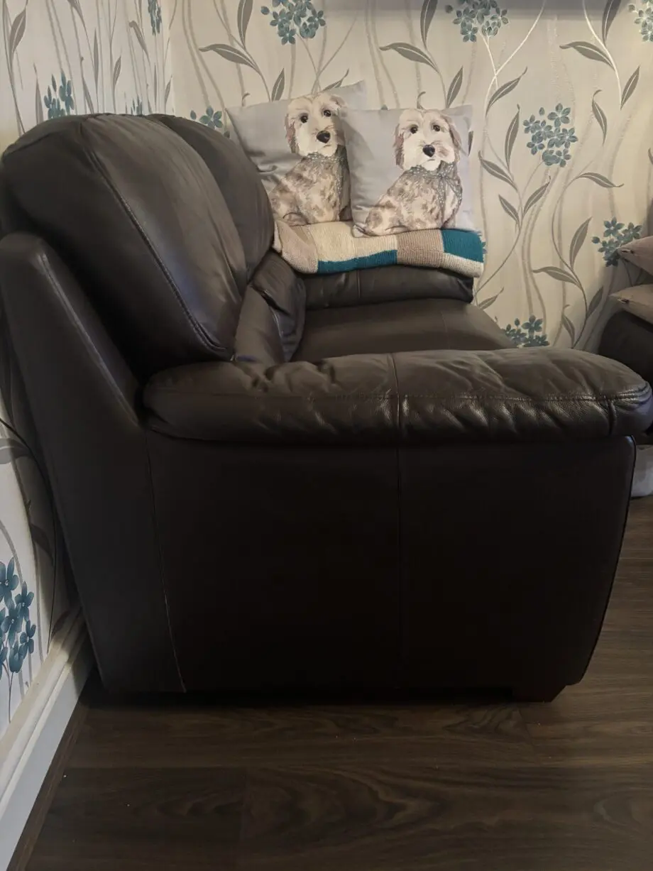Brown leather sofa and foot stool