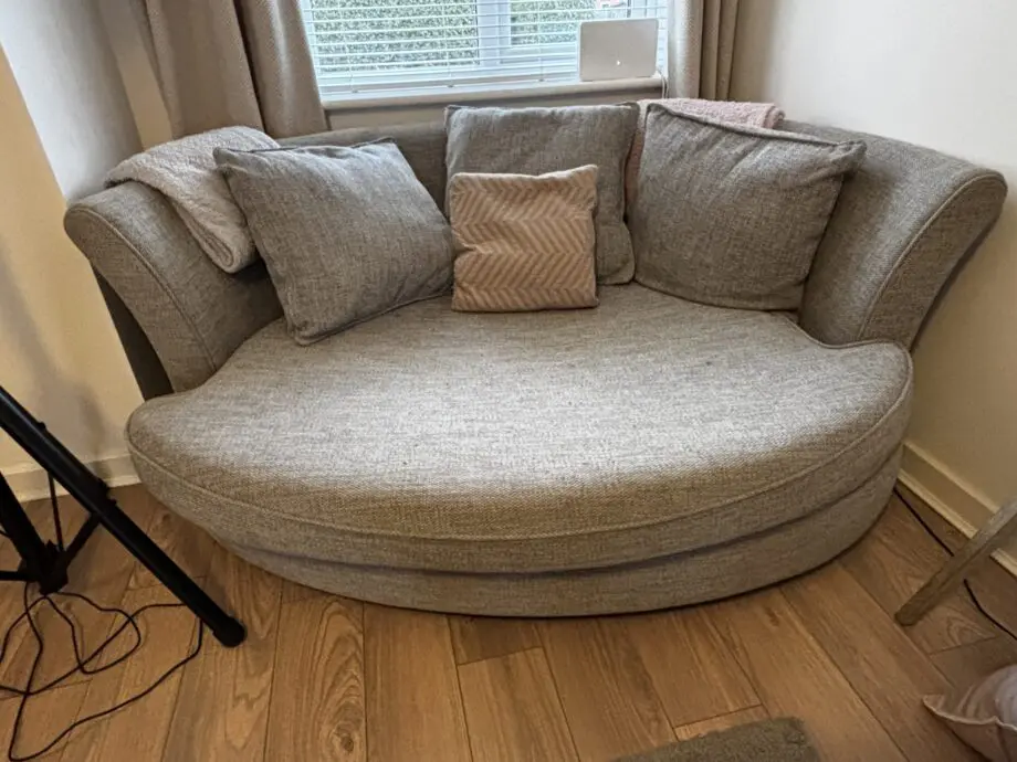 3 seater sofa, cuddle chair and foot stool.