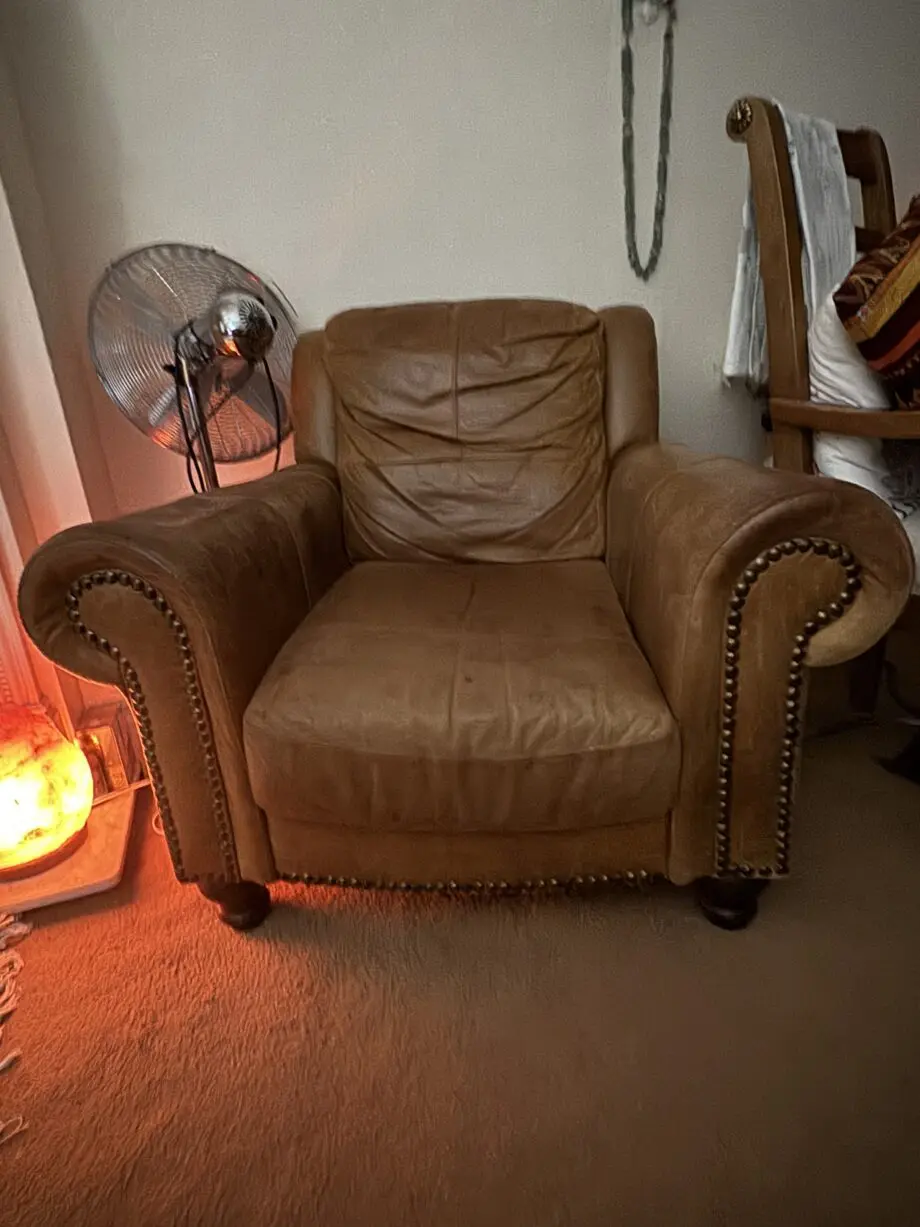 DFS real leather 3 piece suite with matching puff brown colour