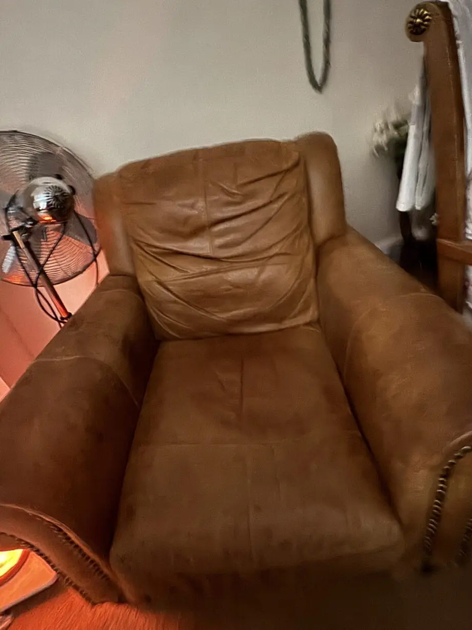 DFS real leather 3 piece suite with matching puff brown colour