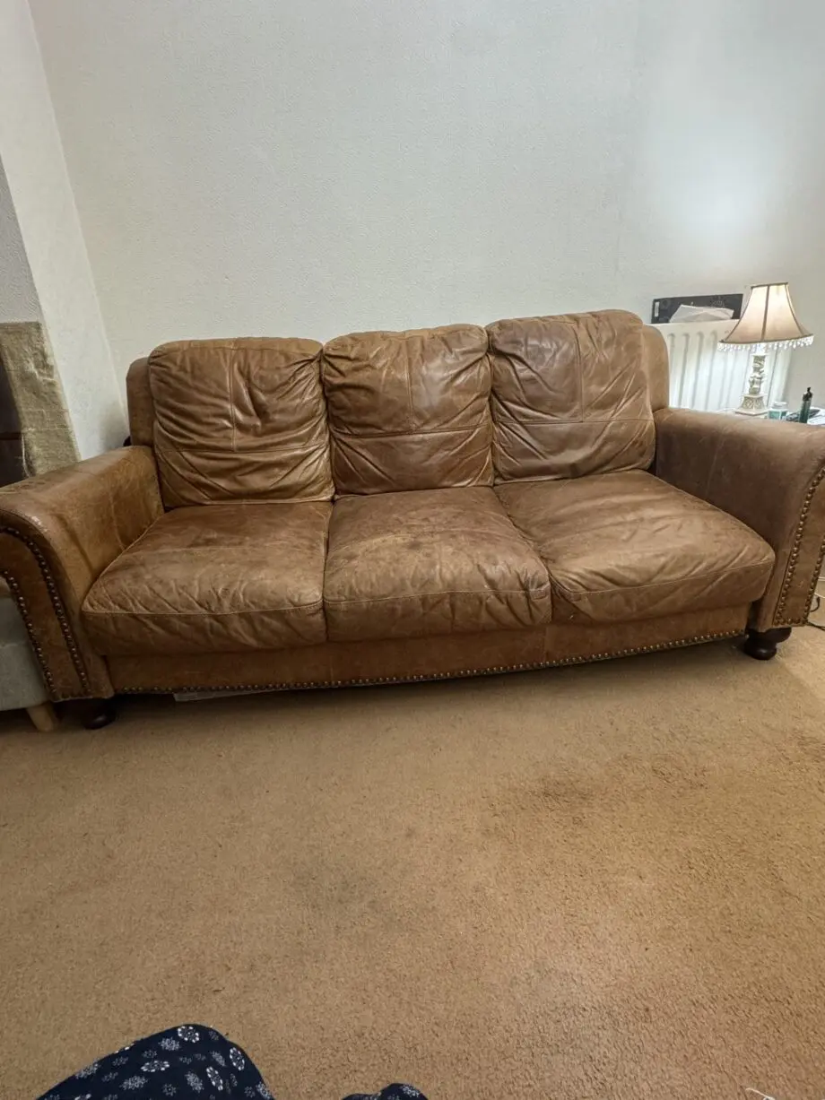DFS real leather 3 piece suite with matching puff brown colour