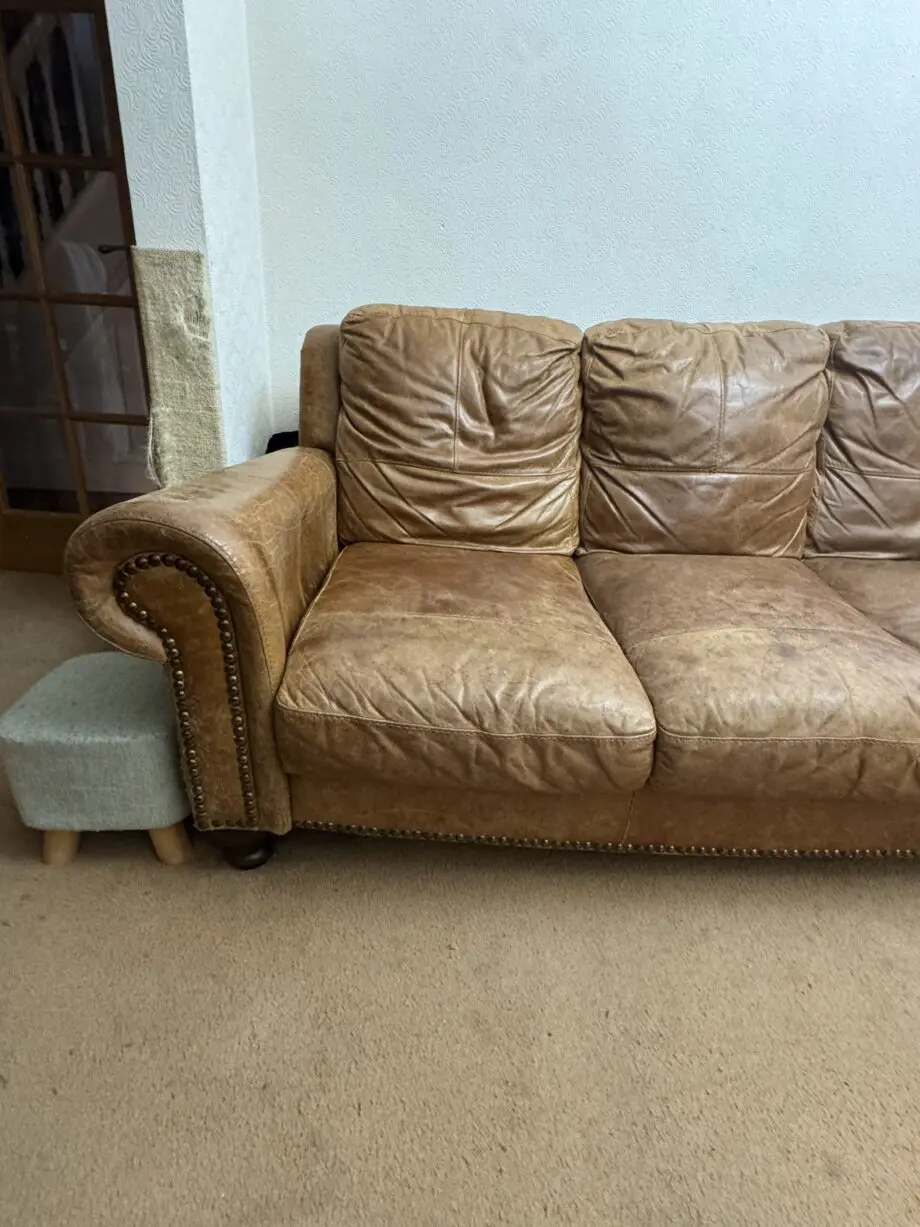 DFS real leather 3 piece suite with matching puff brown colour