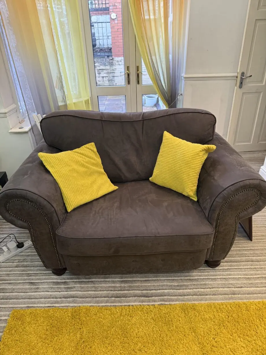 SCS 1 years old 3 piece suite, 2 seater, single seater and footstool in charcoal grey
