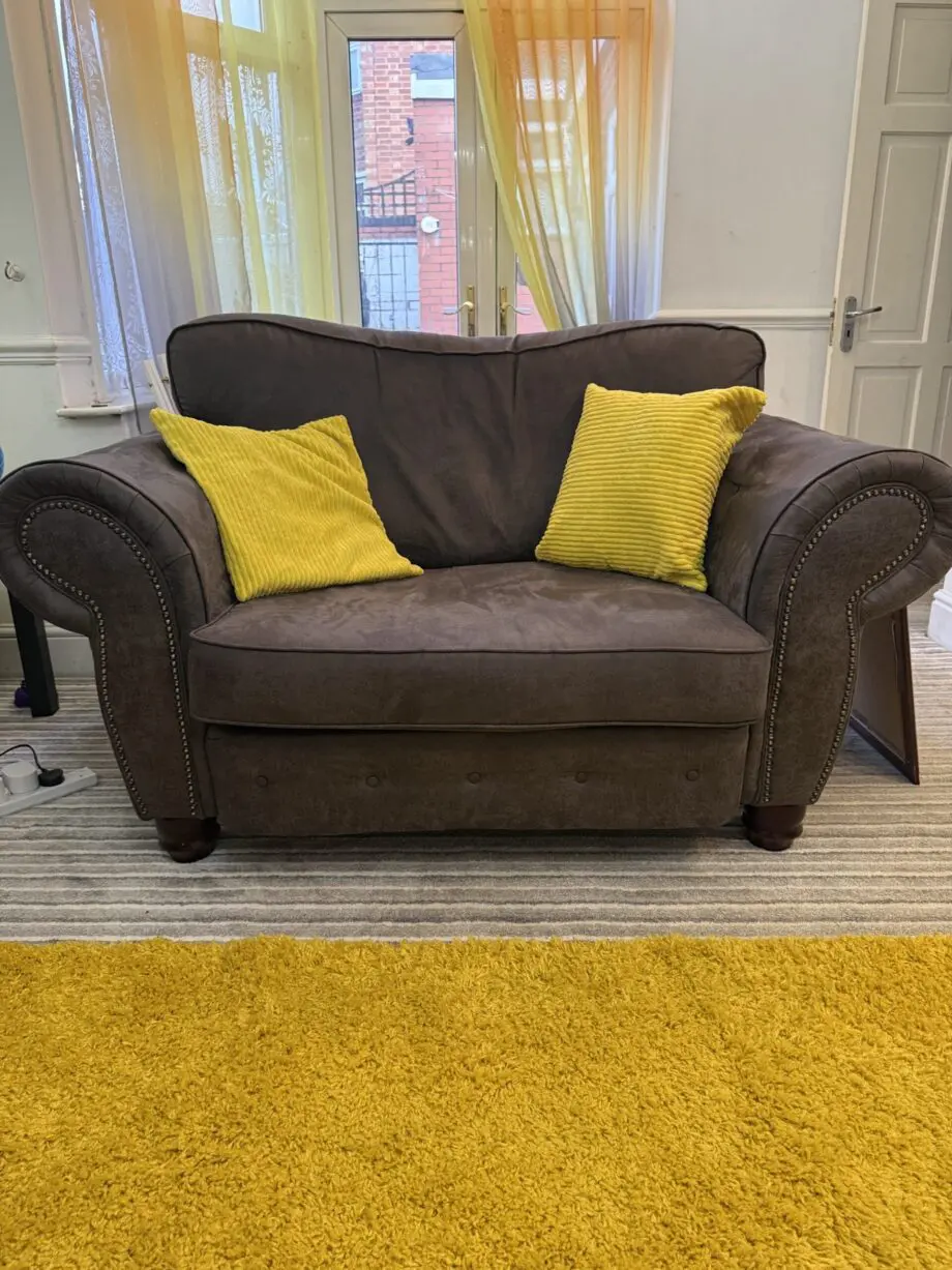 SCS 1 years old 3 piece suite, 2 seater, single seater and footstool in charcoal grey