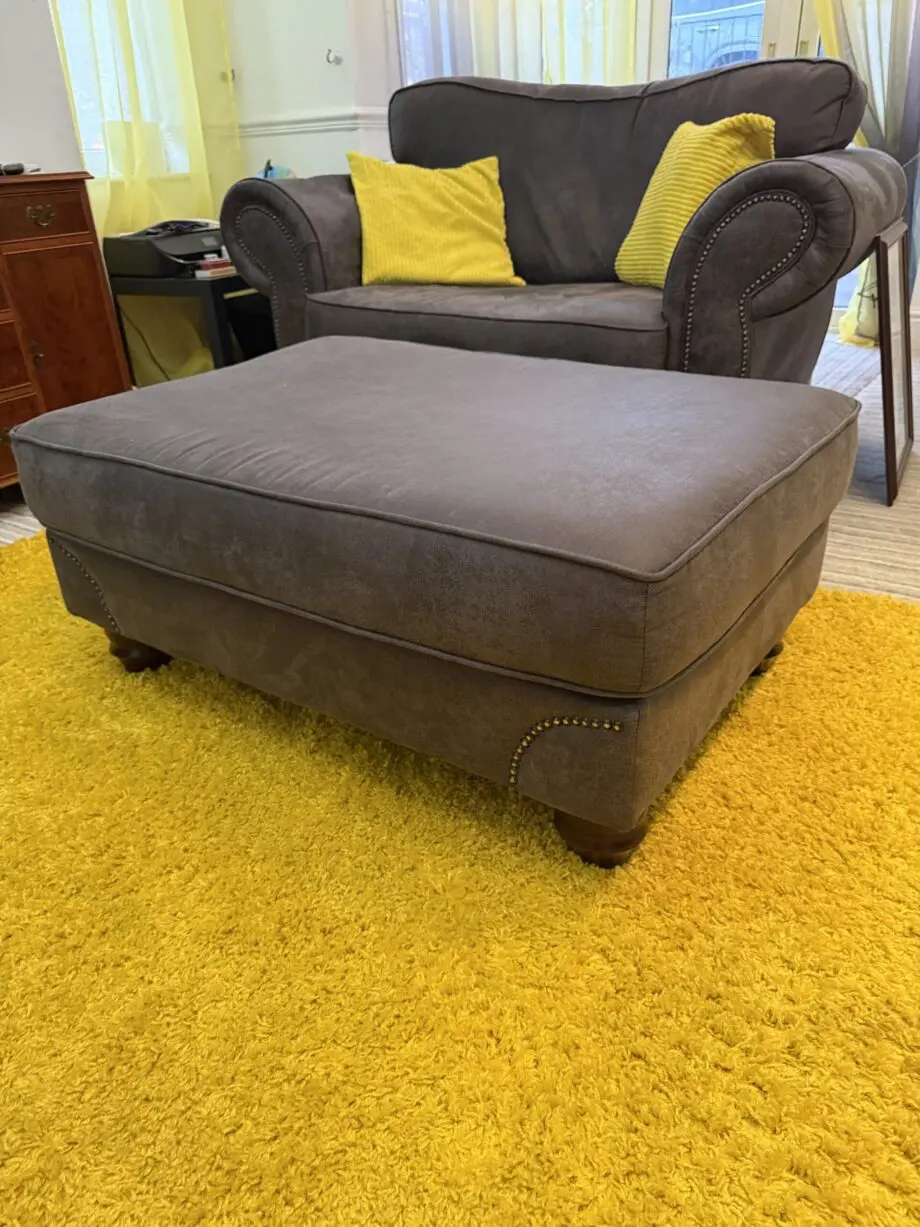 SCS 1 years old 3 piece suite, 2 seater, single seater and footstool in charcoal grey