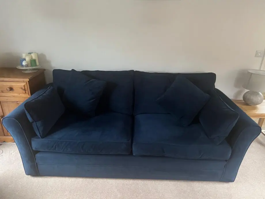 Midnight blue velvet 3 seater sofa with matching ottoman