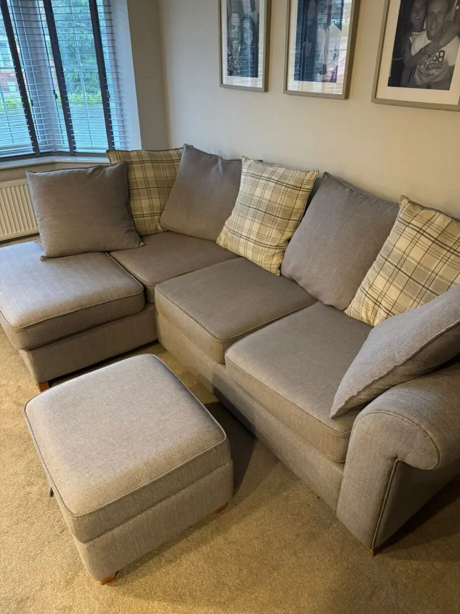 L - Shape Sofa (grey) + swivel chair and pouffe.