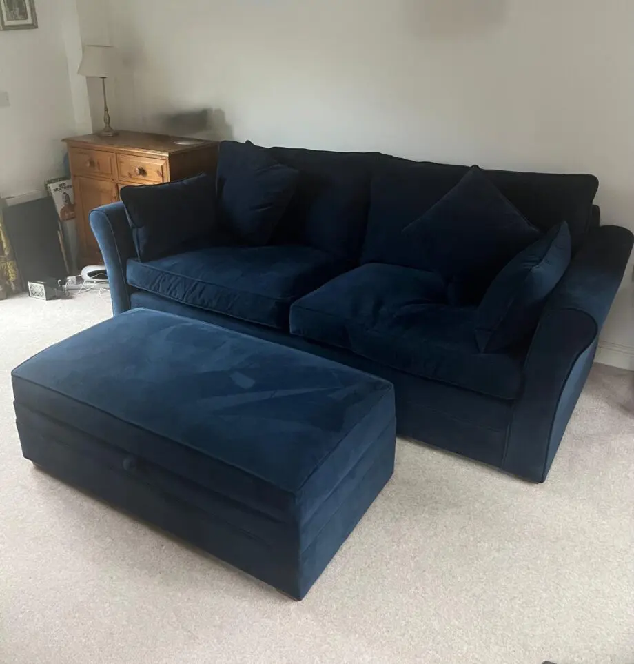 Midnight blue velvet 3 seater sofa with matching ottoman