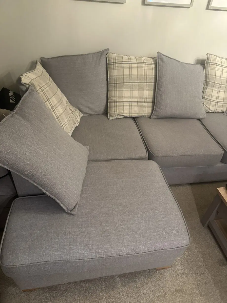 L - Shape Sofa (grey) + swivel chair and pouffe.