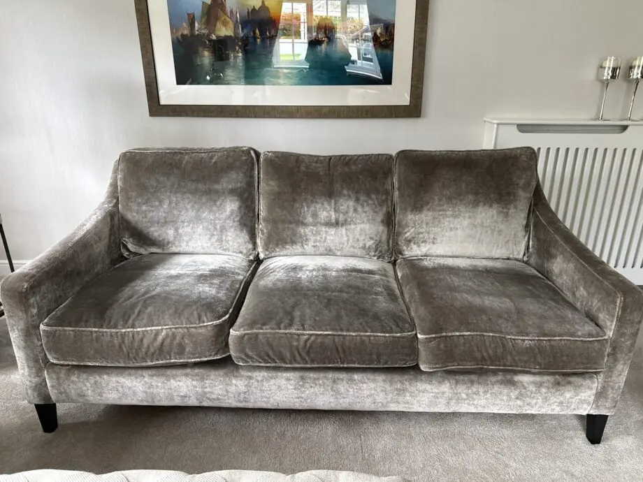 2 x 3 seater velvet sofas, stone colour, bought from Sofa.com- Iggy three seat in Hudson Roosevelt Velvet