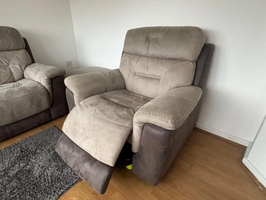 DFS 3 seat sofa, foot stool and power recliner