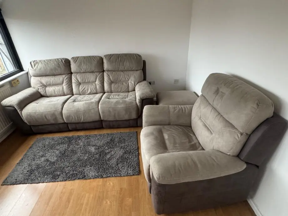 DFS 3 seat sofa, foot stool and power recliner