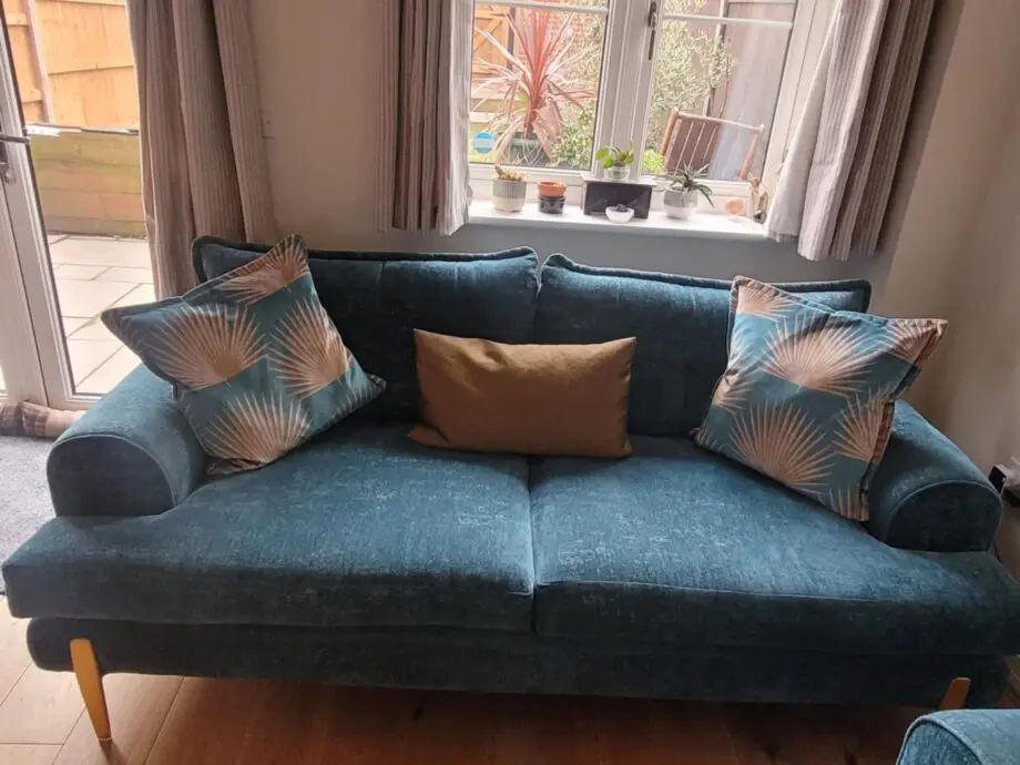 DFS Zion Sofa Set in Teal, 3 Seater & Cuddler (with 2x bolster cushions in Gold and 2x scatter cushions in Teal)