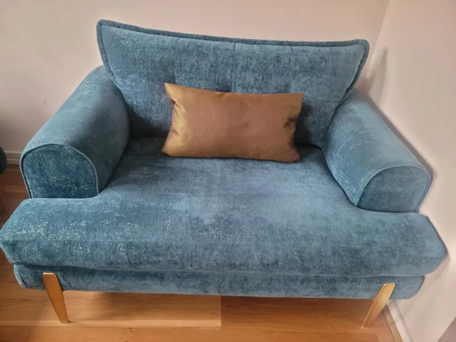 DFS Zion Sofa Set in Teal, 3 Seater & Cuddler (with 2x bolster cushions in Gold and 2x scatter cushions in Teal)