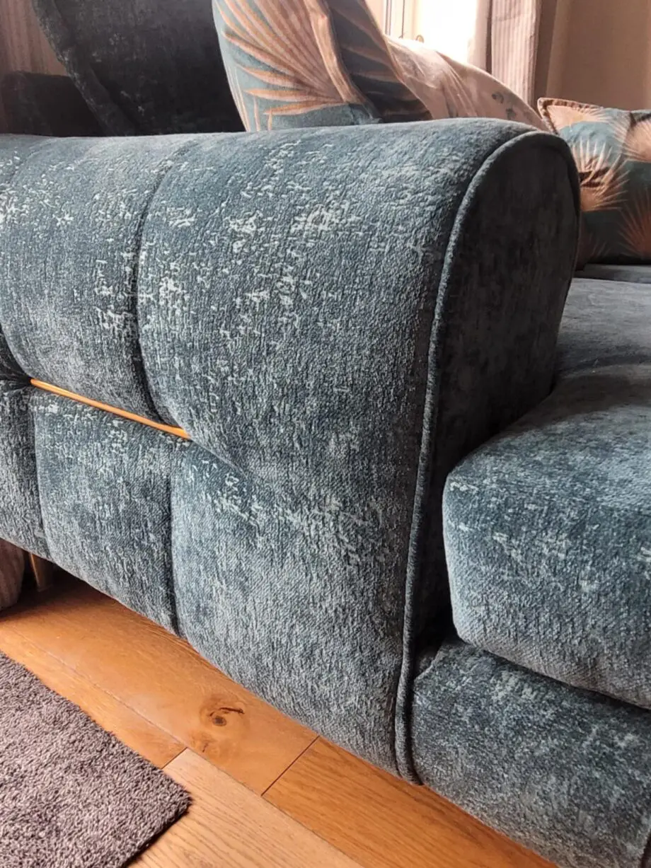 DFS Zion Sofa Set in Teal, 3 Seater & Cuddler (with 2x bolster cushions in Gold and 2x scatter cushions in Teal)