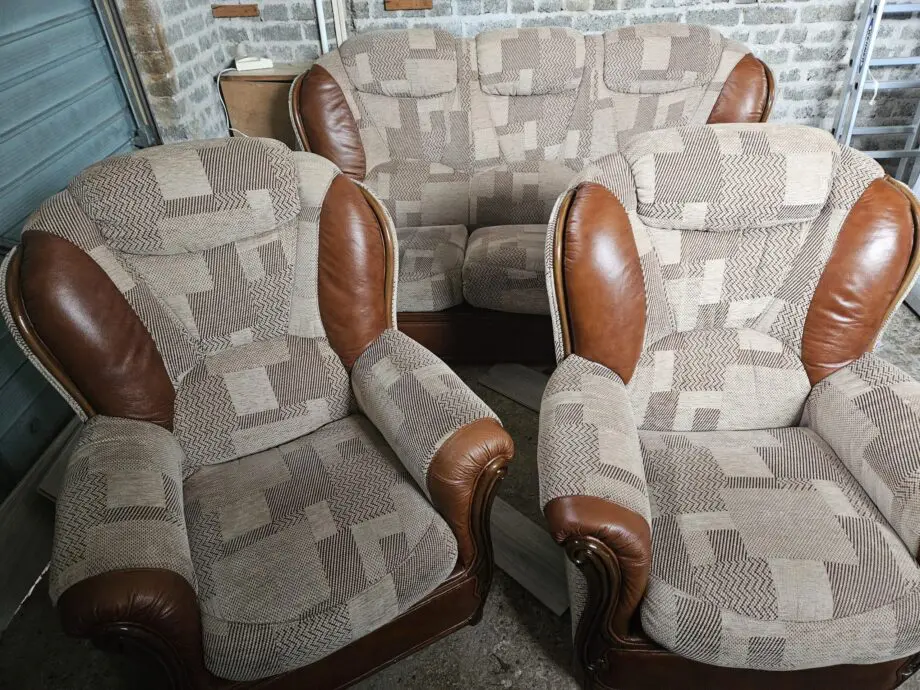 Beige and brown leather patch sofa