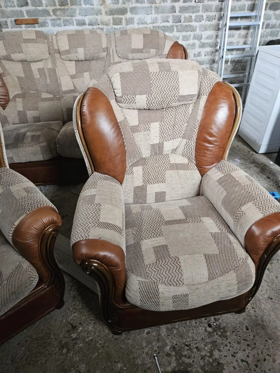 Beige and brown leather patch sofa
