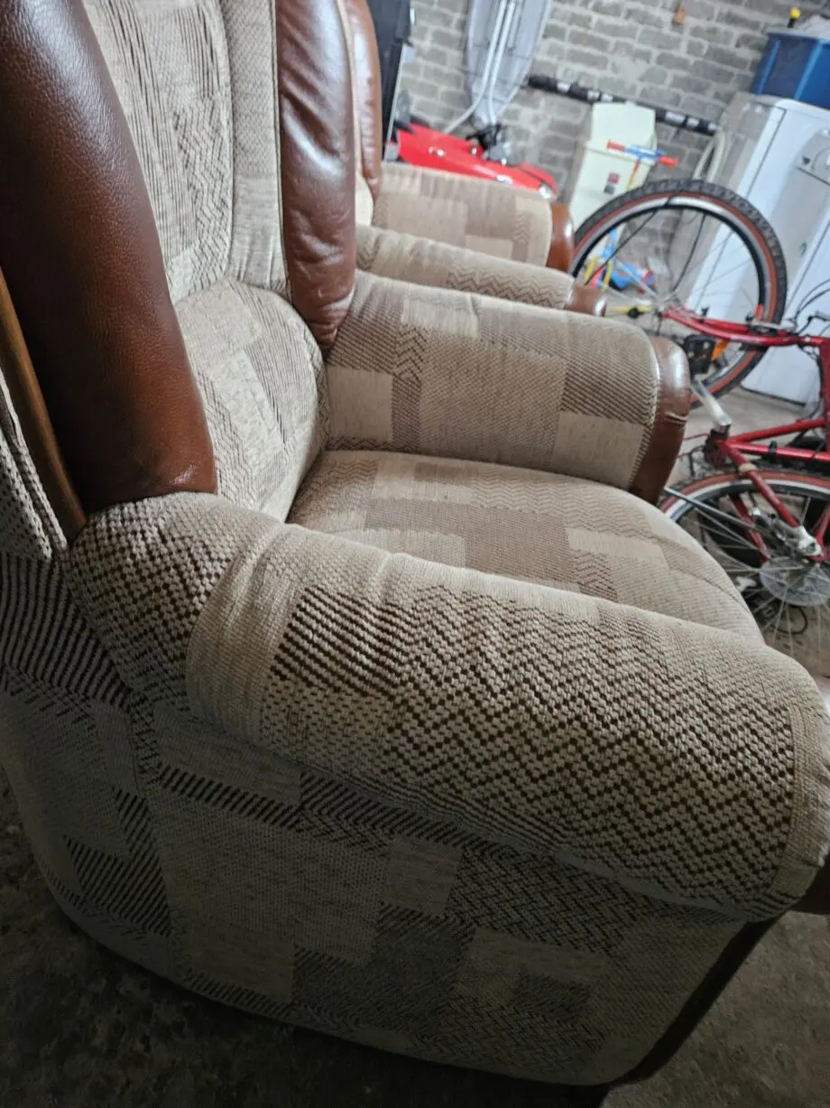 Beige and brown leather patch sofa